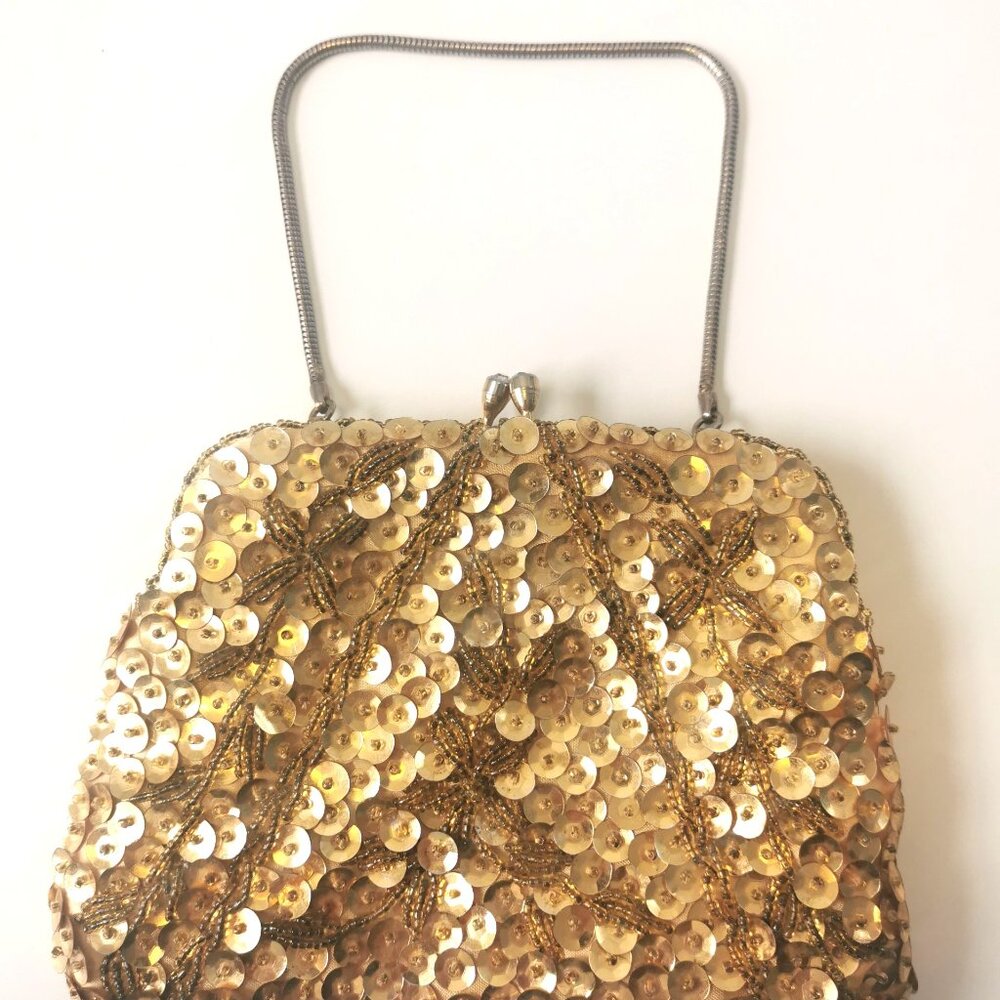 Vintage 1960s Goldco Gold Beaded & Sequined Evening Clutch Purse Bag Hong Kong